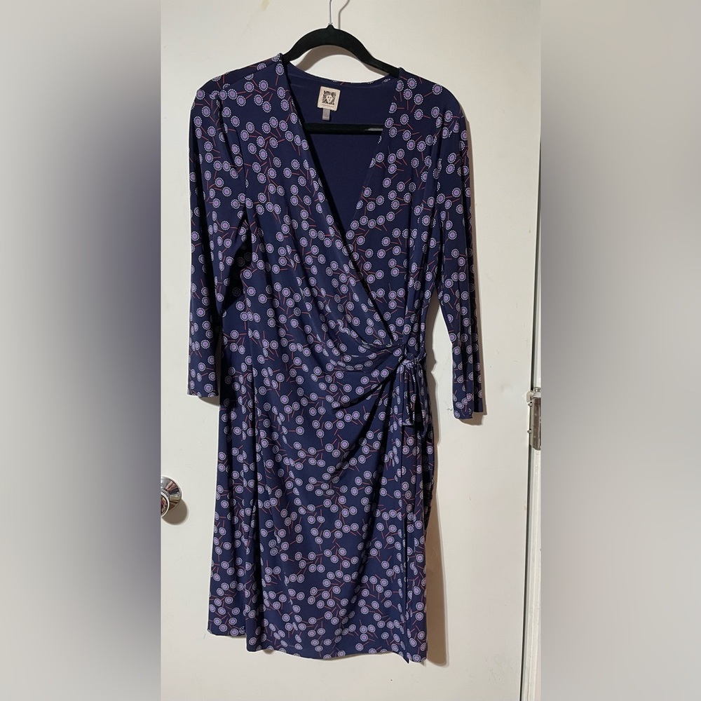 Anne Klein Navy and Purple Modern Floral Pattern 3/4 Sleeve Dress